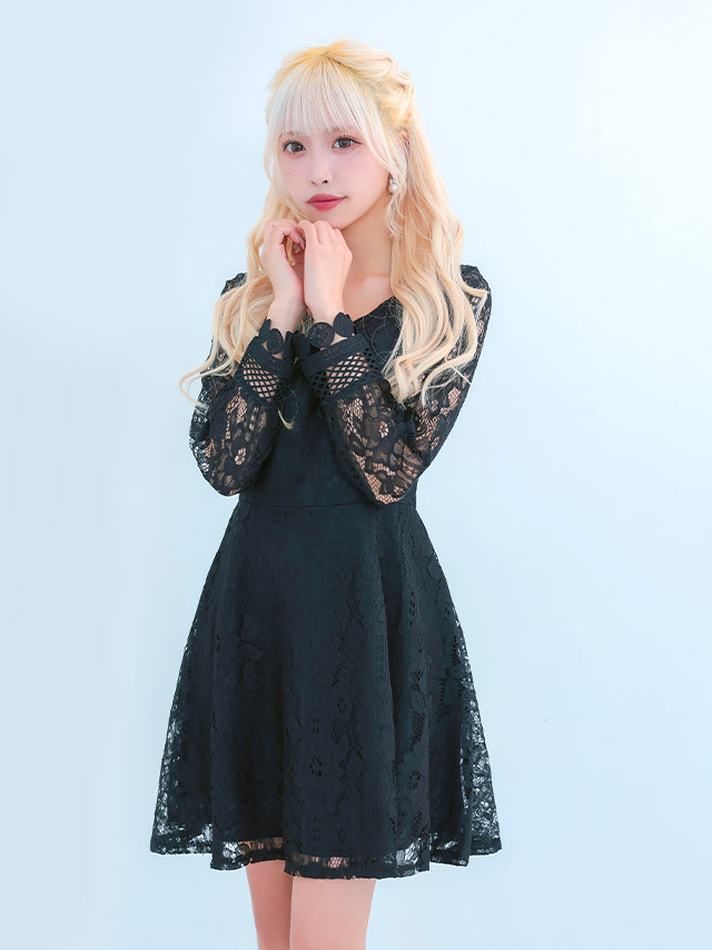 長袖総レースデザインハイウエスト切替フレアミニドレスのイメージ画像2
