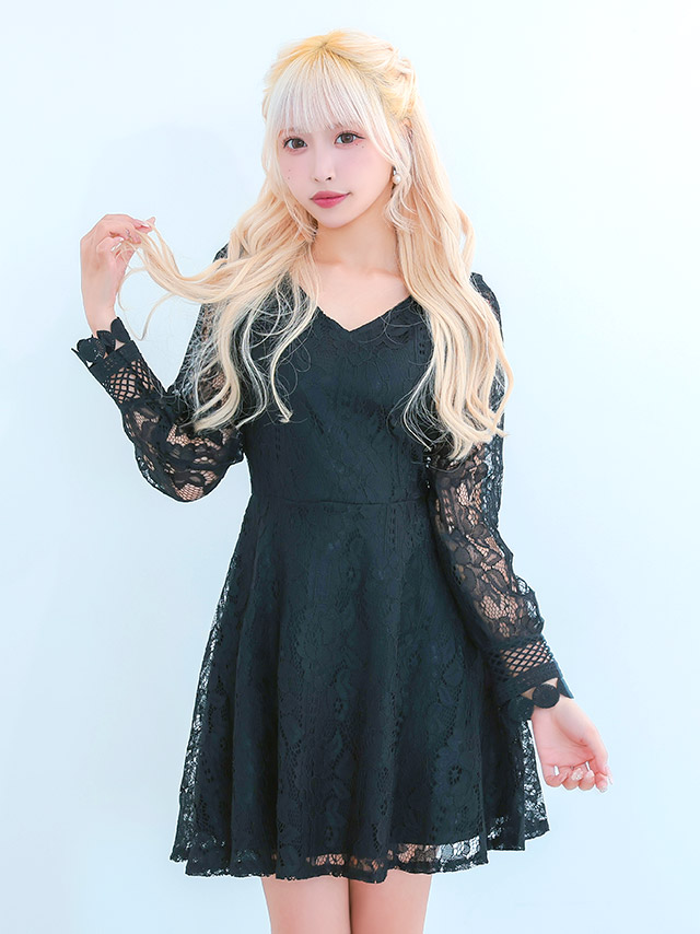 長袖総レースデザインハイウエスト切替フレアミニドレスのイメージ画像2