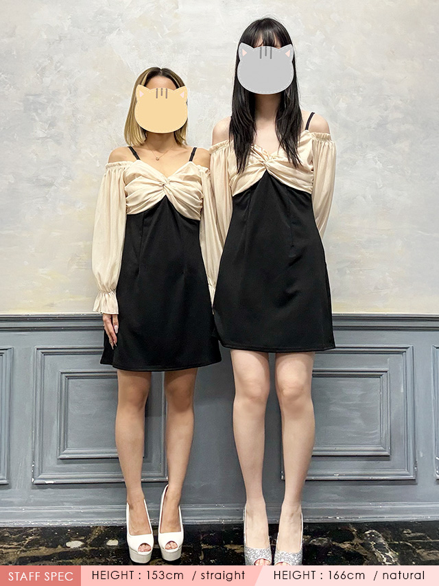 チェック柄ツイード×パールボタンキャミソールノースリーブ台形フレアミニドレススタッフ着用画像