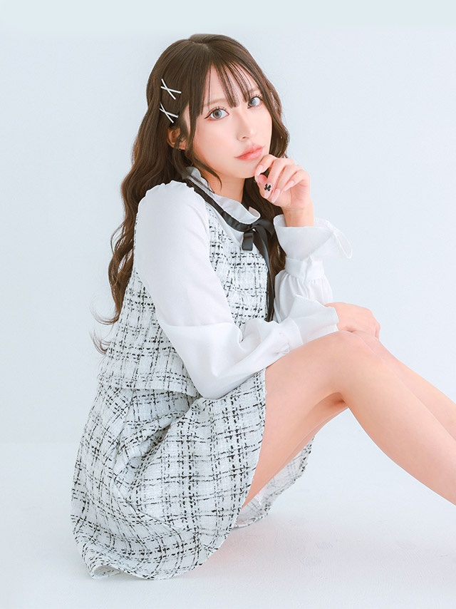 ミニドレス プチプラ 長袖 ツイード ワンピース リボン 同伴 新人 胸元カバー 下着のまま 低身長 Aライン 黒 白 安い XL キャバドレスのイメージ画像2