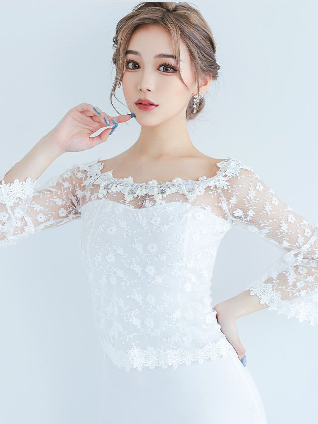 フラワーレースデザインオフショルダータイト長袖ミニドレスのイメージ画像1