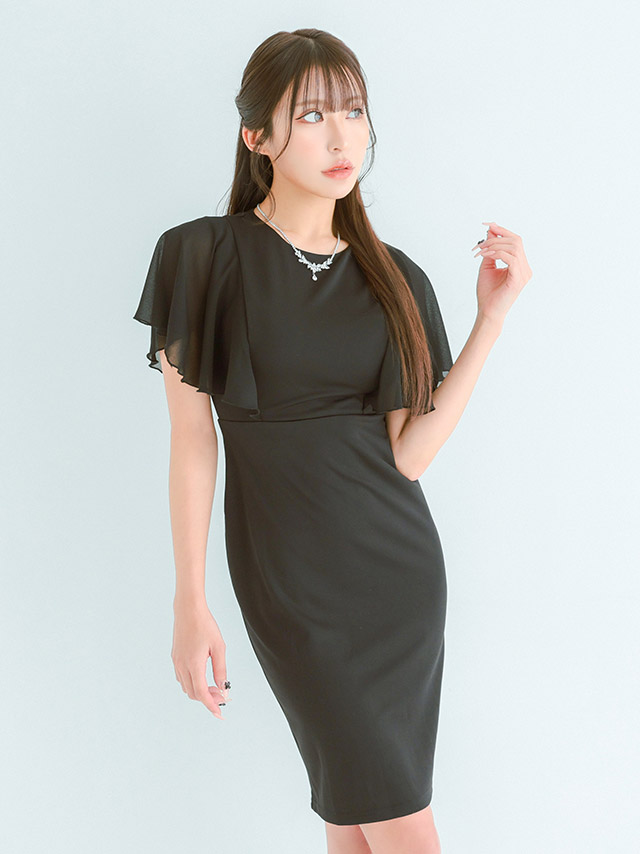 膝丈ドレス プチプラ 新人 タイト ワンピース ラウンジ 半袖 シアー袖 低身長 胸元隠し スナック 同伴 シンプル ワンカラー 黒 キャバドレス商品画像2