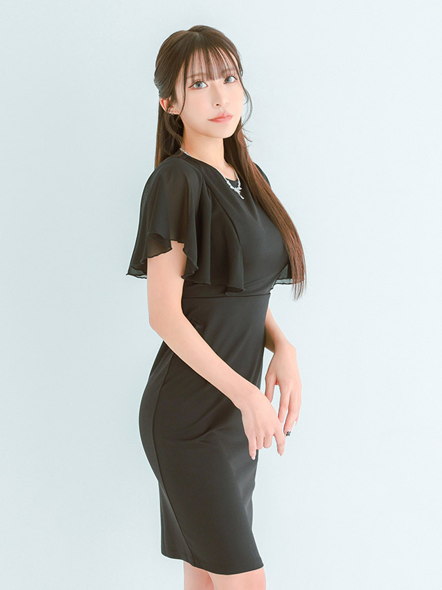 膝丈ドレス プチプラ 新人 タイト ワンピース ラウンジ 半袖 シアー袖 低身長 胸元隠し スナック 同伴 シンプル ワンカラー 黒 キャバドレス商品画像3