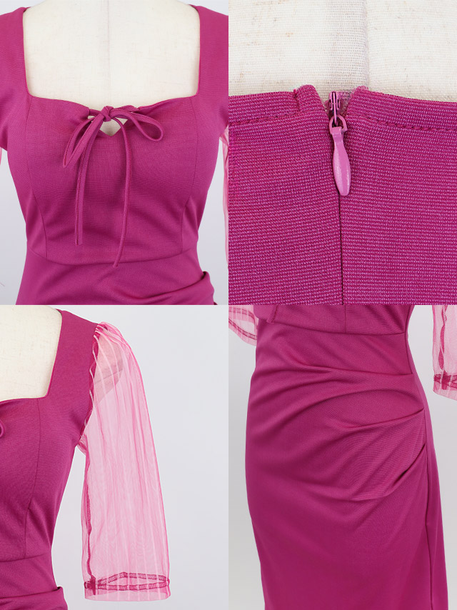 膝丈ドレス プチプラ 新人 タイト 袖あり ワンピース ラウンジ 半袖 シアー シアー袖 低身長 リボン ストライプ 黒 キャバドレスディティール1