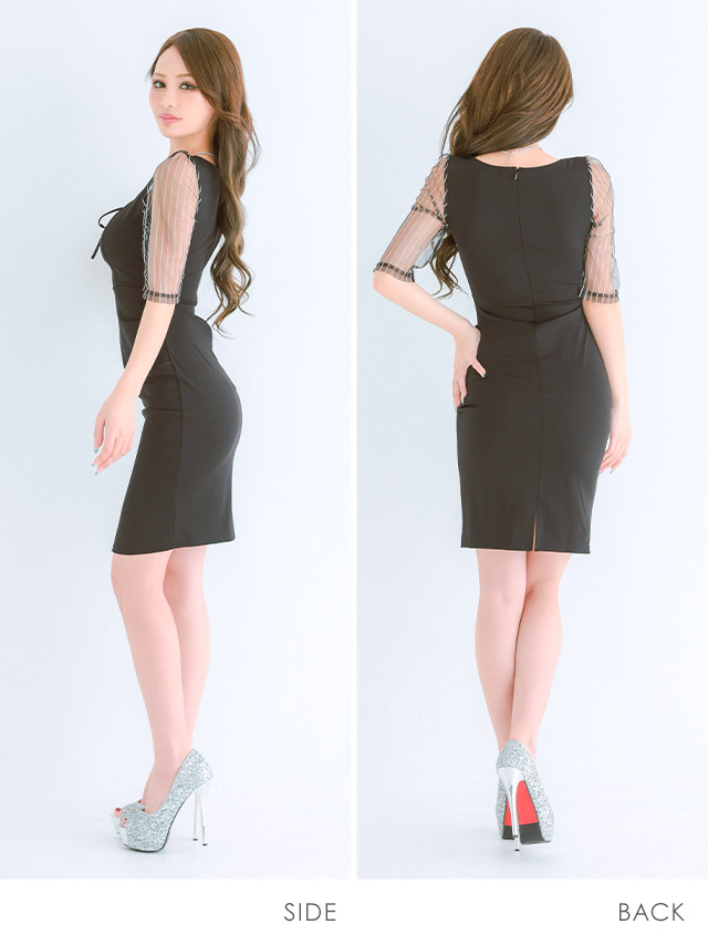 膝丈ドレス プチプラ 新人 タイト 袖あり ワンピース ラウンジ 半袖 シアー シアー袖 低身長 リボン ストライプ 黒 キャバドレスサイドバック