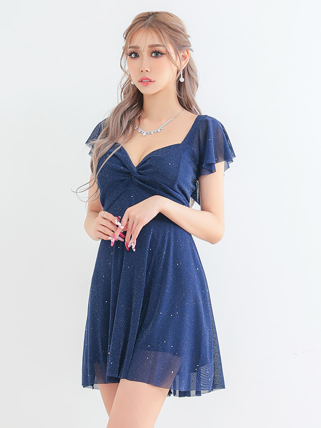 ラメギャザーデザインシアーフリル袖半袖プチプラフレアミニドレスの商品画像2枚目