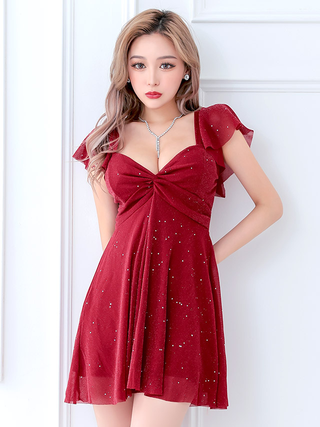 ラメフロントギャザー入りフリル袖フレアミニドレスのイメージ画像1
