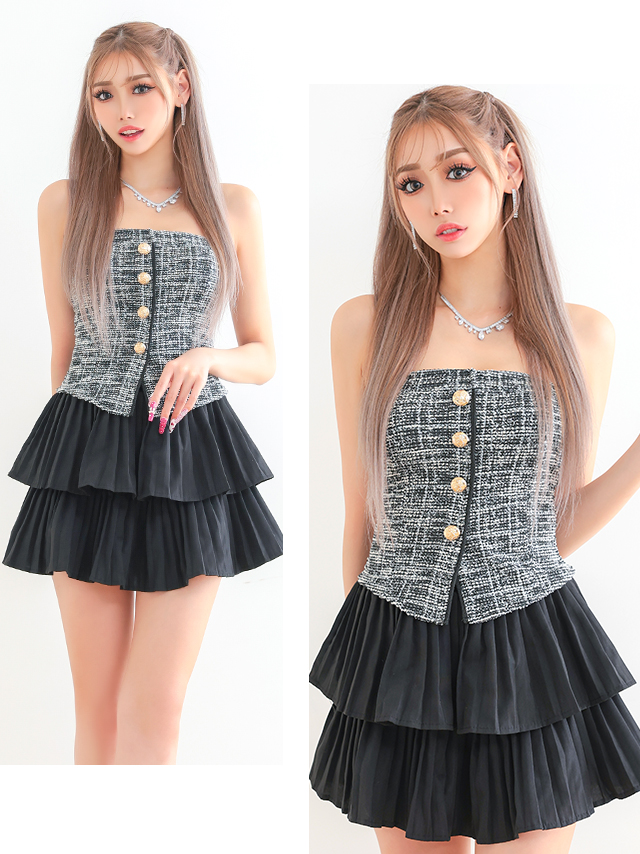 フリルスカート ベアトップ 肩あき ツイード セットアップ ミニドレスの商品画像3枚目