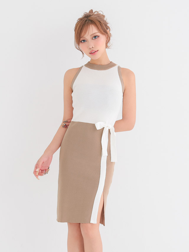 安い タイトミニドレス シンプル 大きいサイズ 大人 上品 ノースリーブ バイカラー プチプラ キャバドレスのイメージ画像1