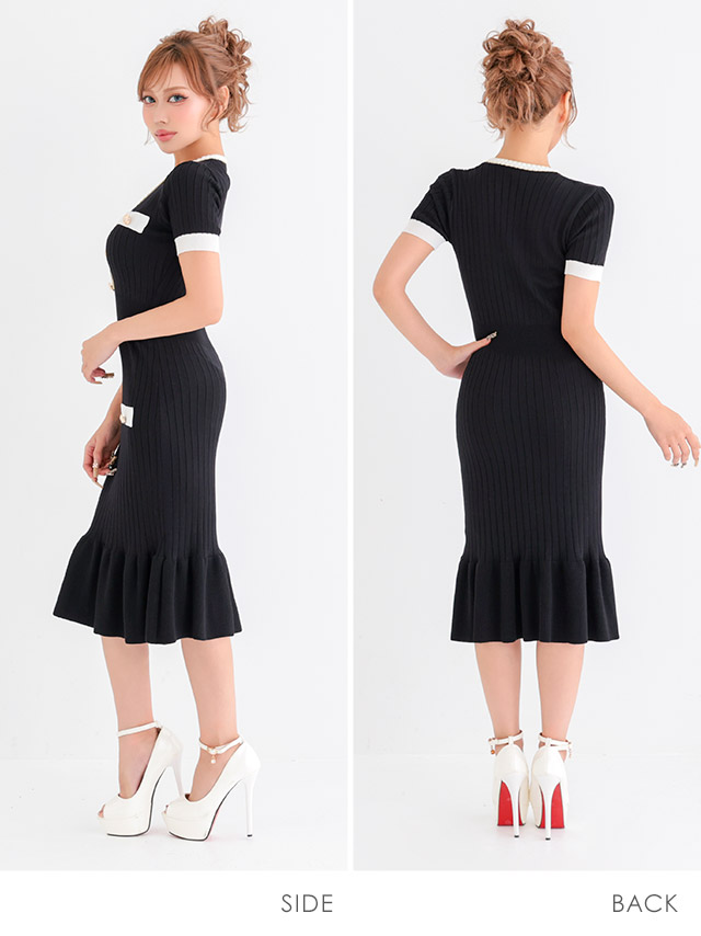 半袖 ネックリボン フリル タイト ミニドレスのサイドバック