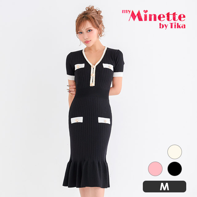 バイカラーリブニット パールボタンアクセント 半袖 Vネック マーメイド 膝丈 ドレスの商品画像