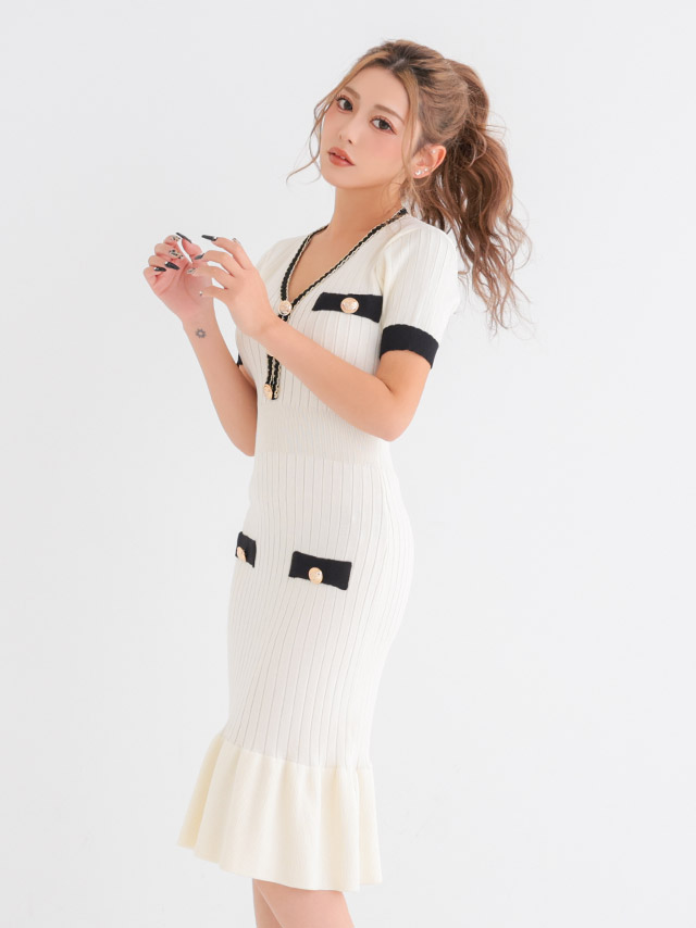 パールボタン バイカラー Vネック 半袖 マーメイド 膝丈 ドレスの商品画像2枚目