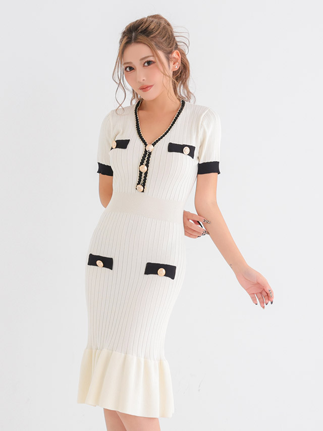 パールボタン バイカラー Vネック 半袖 マーメイド 膝丈 ドレスの商品画像2枚目