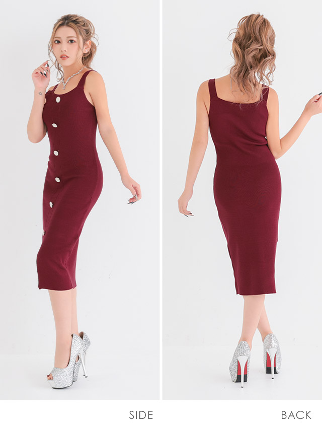 膝丈ドレス ノースリーブ ワンピース ニット ストレッチ ワンカラー ブラジャーのまま バイカラー 安い プチプラ タイト キャバドレスの全身サイドバック画像