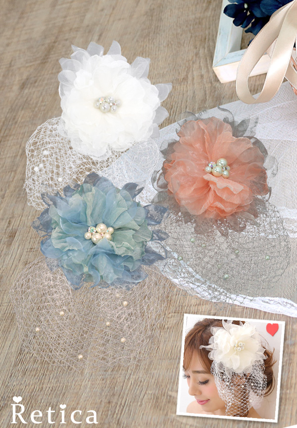 髪飾りネットレースパールシフォンフラワーの商品画像1枚目