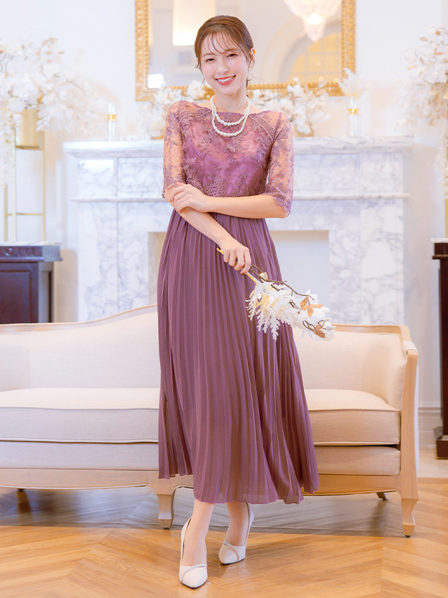 花柄刺繍シアープリーツロングスカート結婚式パーティードレス