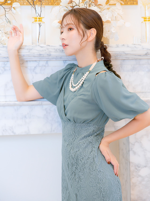 パフスリーブレース切替マーメイドロングスカート結婚式パーティードレス