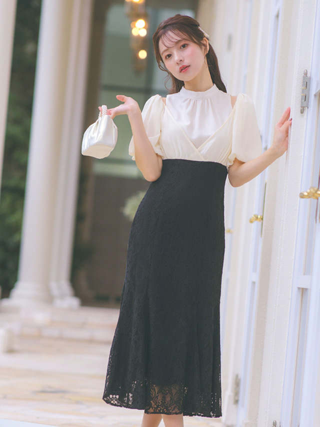 パフスリーブフラワーレース切替デザインマーメイドロングスカート結婚式パーティードレス