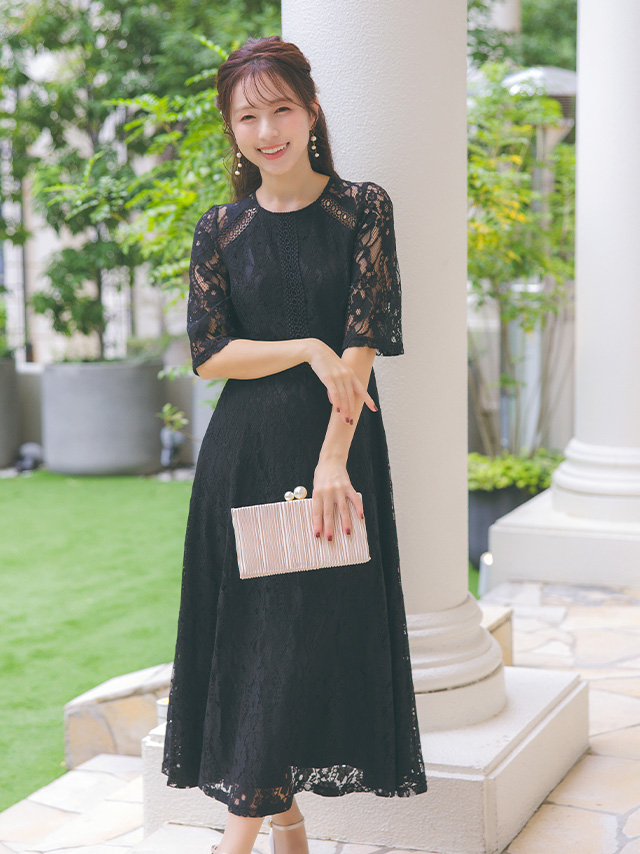 フラワー総レース5部袖ラウンドネックフレアロングスカート結婚式パーティードレス