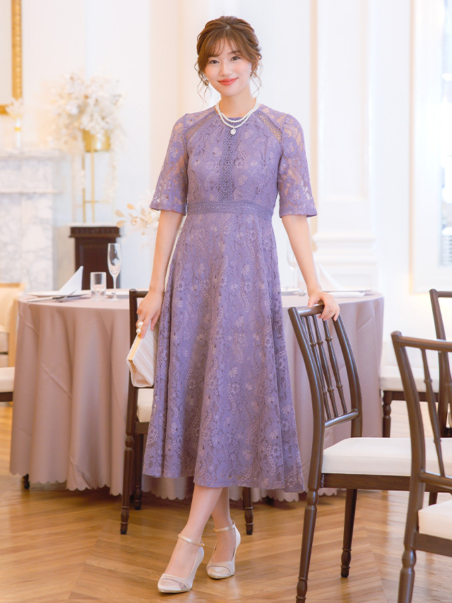 ケミカルゴージャス総レース5部袖フレアロングスカート結婚式パーティードレス