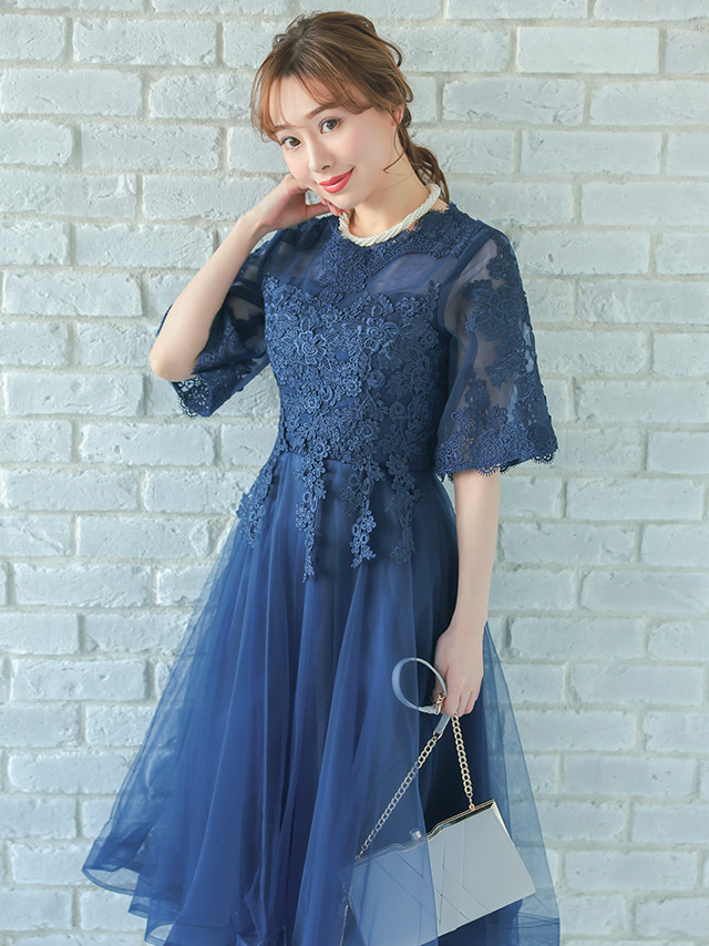 立体刺繍チュール5部袖フレア膝下シースルー結婚式パーティードレス