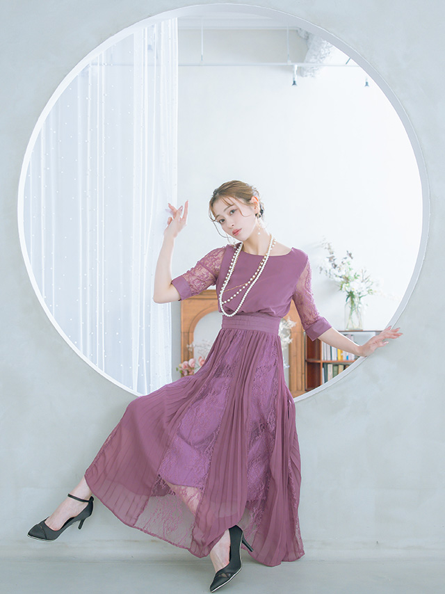 プリーツデザインシフォン7部袖ロング結婚式パーティードレス