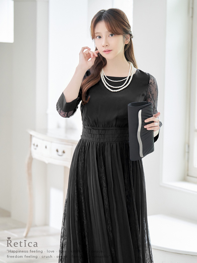 7部袖ウエスト切替シフォンプリーツ結婚式パーティードレス