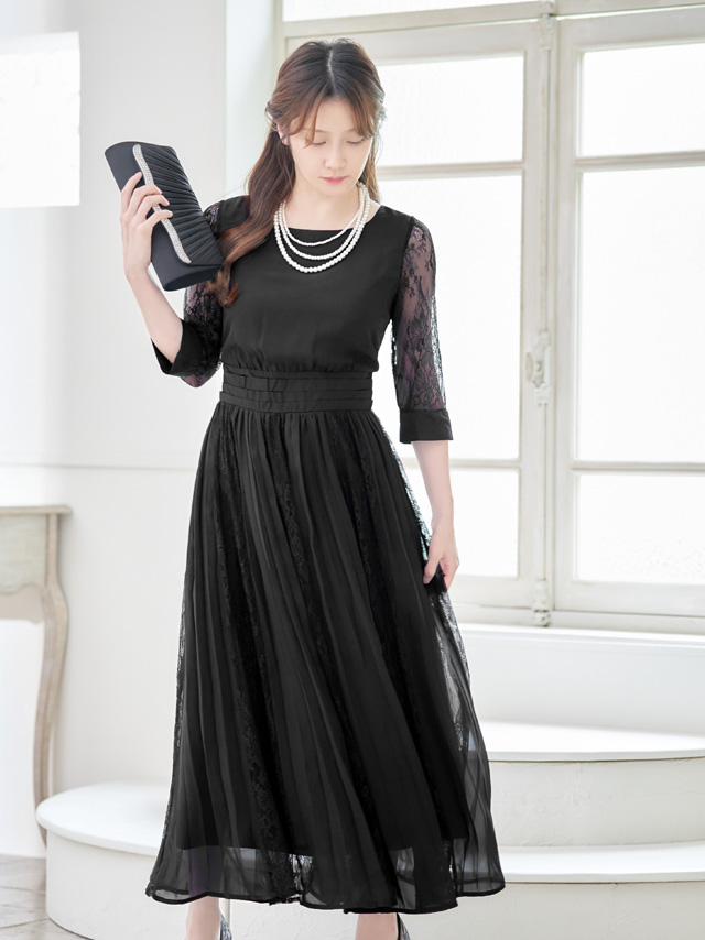 7部袖ウエスト切替シフォンプリーツ結婚式パーティードレス