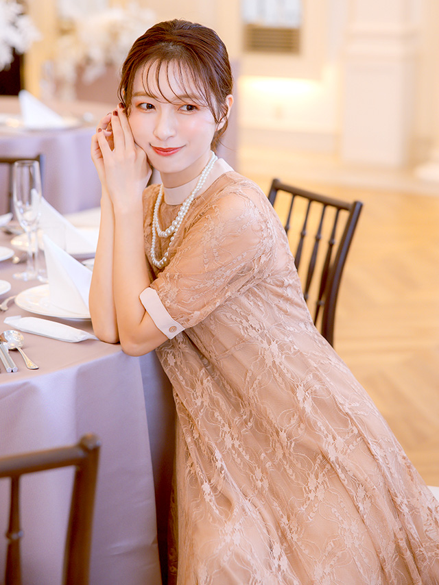 レース裾切替5部袖膝下結婚式パーティードレス3点セット