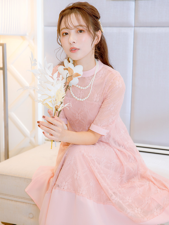 キャミソールレース重ね着5部袖膝下結婚式パーティードレス3点セット