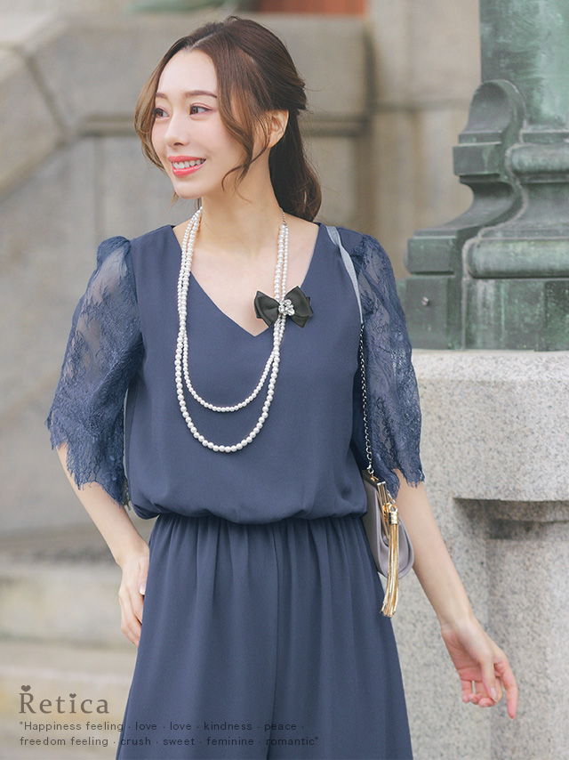 シンプル5部袖シフォンワイドパンツ結婚式パーティードレス