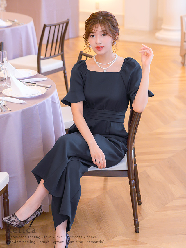 スクエアネックフリル5部袖ワイドパンツ結婚式パーティードレス