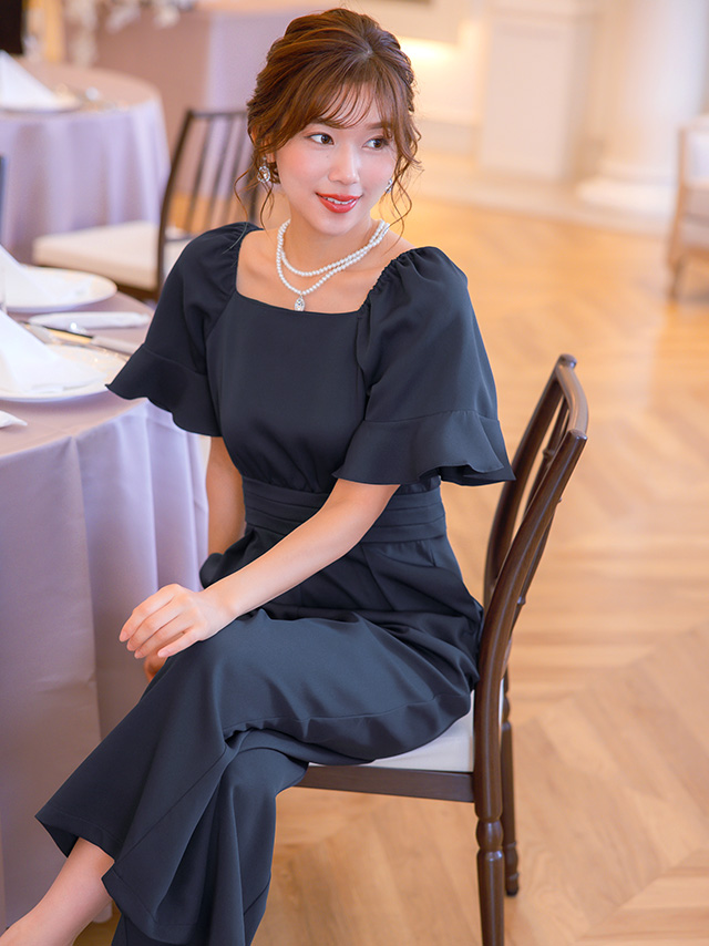 スクエアネックフリル5部袖ワイドパンツ結婚式パーティードレス