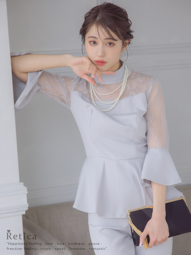 レース切替デザイントップスクロップドパンツベルスリーブ結婚式パーティードレス