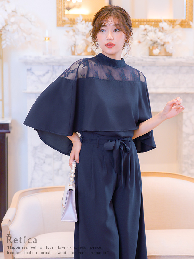 バックオープンレースケープトップス＆リボン付きワイドパンツ結婚式パーティードレス