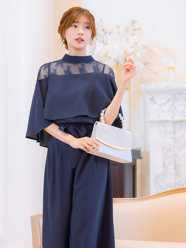 バックオープンレースケープトップス＆リボン付きワイドパンツ結婚式パーティードレス