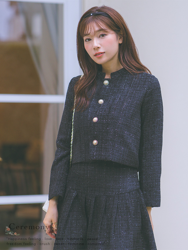 Aラインスカート＆ノーカラージャケットツイードセットアップセレモニースーツ