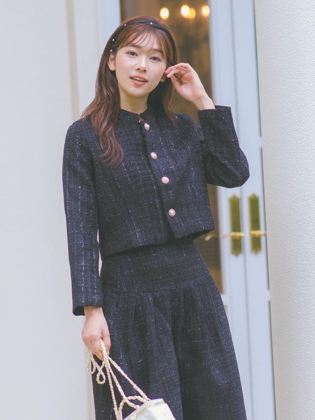 Aラインスカート＆ノーカラージャケットツイードセットアップセレモニースーツ