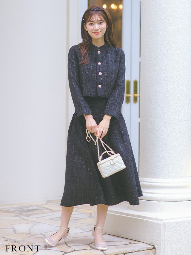 Aラインスカート＆ノーカラージャケットツイードセットアップセレモニースーツ