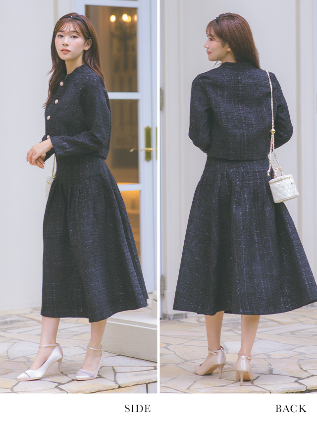 Aラインスカート＆ノーカラージャケットツイードセットアップセレモニースーツ