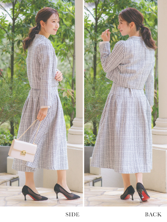 ツイードノーカラーパールボタンジャケット×ミモレ丈フレアスカートセレモニースーツ