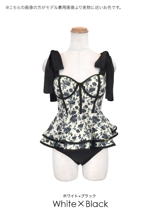 moala 体型カバー 花柄 ヴィンテージローズ ショルダーリボン パイピング 洋服みたいな 黒 ブラック 白 ホワイト ティアード フレア ビスチェ ギャル ビキニの色展開