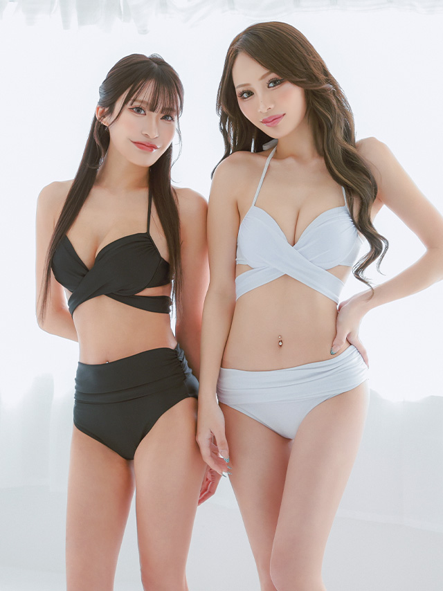 水着 プチプラ 2点セット ギャル ホルターネック ハイウエスト 紐ビキニ シンプル 白 黒 ブラック ビキニ width=