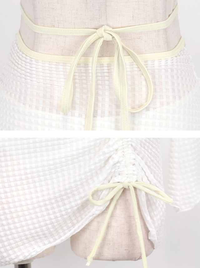 水着 プチプラ 2way ロングスリーブ＆ドロストミニスカート付き リングデザイン クロス ビジュー ギャル ビキニの詳細アップ