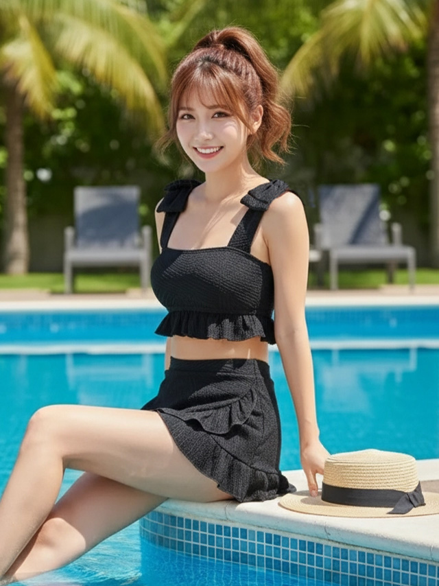 水着 韓国風 ショルダーリボン ビスチェ ハイウエスト フリル フレアスカート タンキニ 体型カバー width=