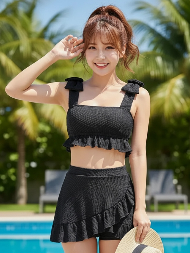 水着 韓国風 ショルダーリボン ビスチェ ハイウエスト フリル フレアスカート タンキニ 体型カバー
