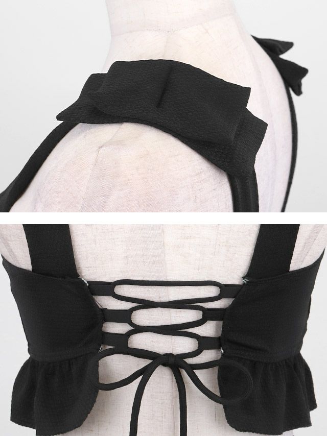 水着 韓国風 ショルダーリボン ビスチェ ハイウエスト フリル フレアスカート タンキニ 体型カバー