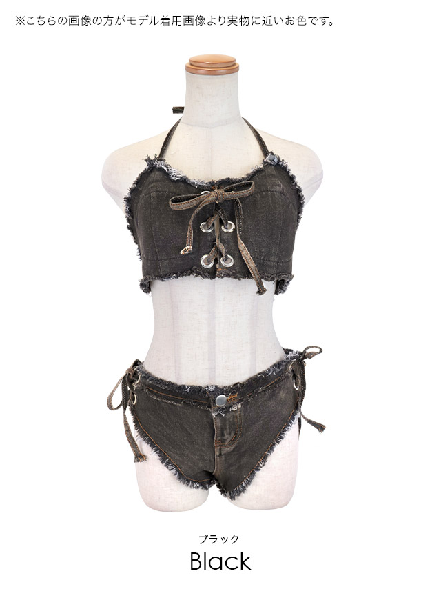 プチプラ 水着 バンドゥ ハイレグ デニム ホルターネック リボン ビキニの色展開