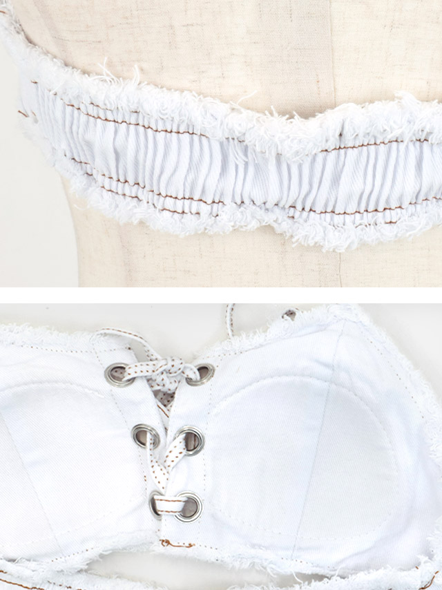 プチプラ 水着 バンドゥ ハイレグ デニム ホルターネック リボン ビキニの詳細アップ