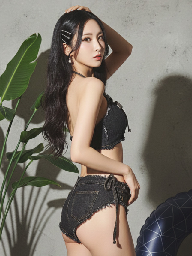 水着 バンドゥ ホルターネック リボン デニム ハイレグ ビキニのフロント全身